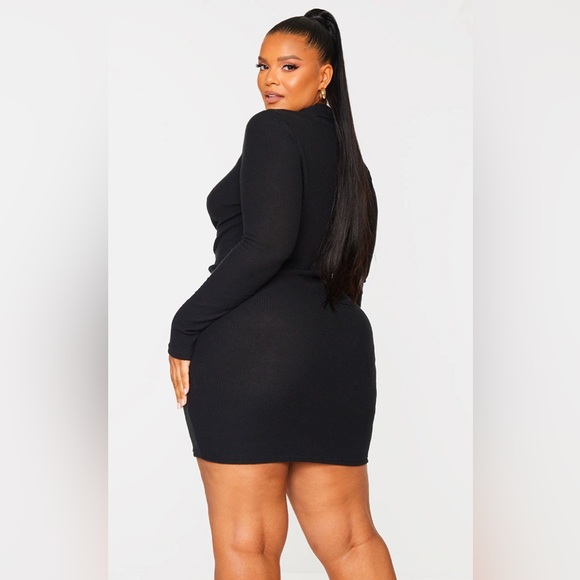 NWT Prettylittlething Plus Black Rib Long Sleeve Ruched Shirt Dress Size 24 - Picture 2 of 5